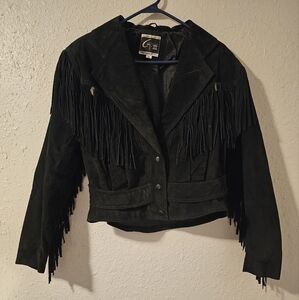 Large G-III Black Suede Fringe Coat Jacket 1980s Vintage Clothes Biker Rocker